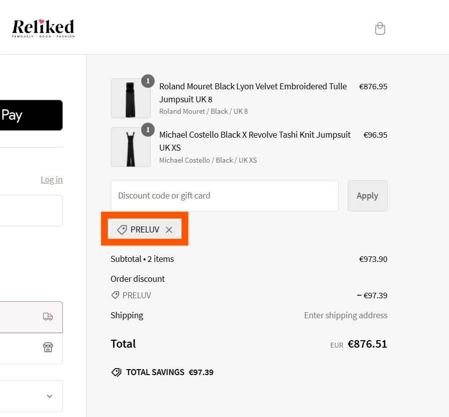 Reliked verified Coupon code PRELUV